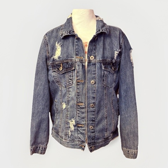 American Rag Womens Blue Long Sleeve Button Up Distressed Denim Jacket Size L - Picture 1 of 6